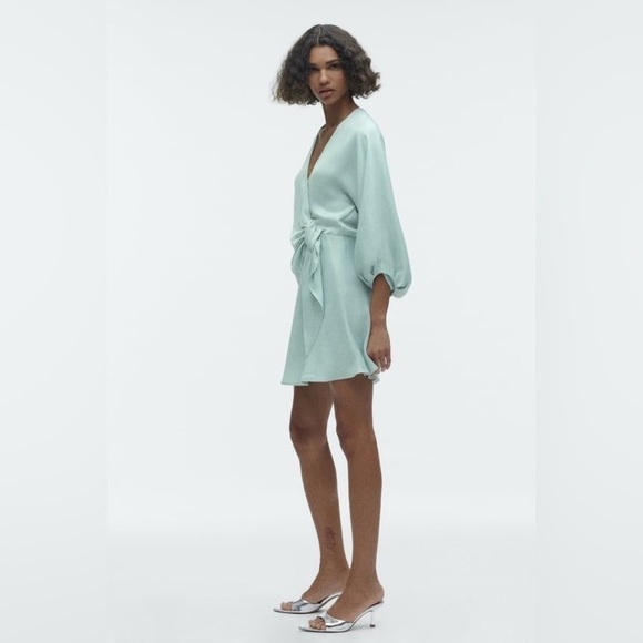 Zara Satin Puff Sleeve Knot Detail Sea Foam Flowy Short Dress - Picture 4 of 16